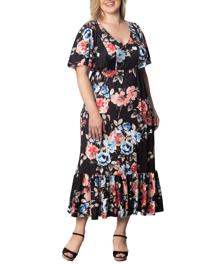 Front of a model wearing a size 2X Madrid Maxi Dress in MOODY MEADOW PRINT by Kiyonna. | dia_product_style_image_id:353112